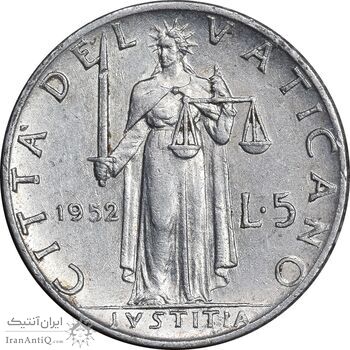 سکه 5 لیره 1952 پیوس دوازدهم - AU50 - واتیکان