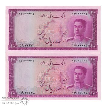 اسکناس 100 ریال سری سوم - جفت - UNC62 - محمد رضا شاه