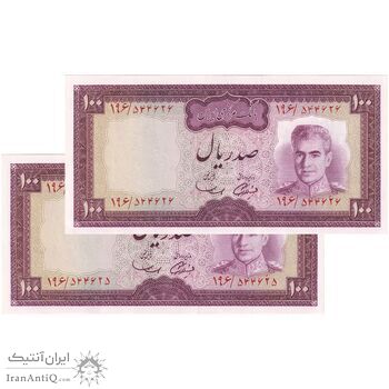 اسکناس 100 ریال (آموزگار - سمیعی) نوشته سیاه - جفت - UNC63 - محمد رضا شاه