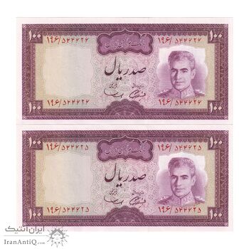 اسکناس 100 ریال (آموزگار - سمیعی) نوشته سیاه - جفت - UNC63 - محمد رضا شاه