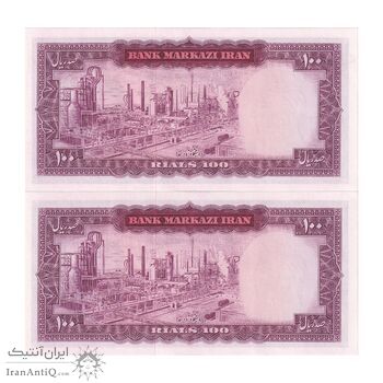 اسکناس 100 ریال (آموزگار - سمیعی) نوشته سیاه - جفت - UNC63 - محمد رضا شاه