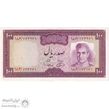 اسکناس 100 ریال (آموزگار - سمیعی) نوشته سیاه - تک - UNC62 - محمد رضا شاه