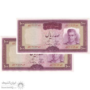 اسکناس 100 ریال (آموزگار - سمیعی) نوشته قرمز - جفت - AU58 - محمد رضا شاه