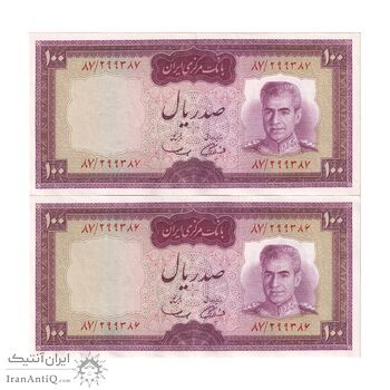 اسکناس 100 ریال (آموزگار - سمیعی) نوشته قرمز - جفت - AU58 - محمد رضا شاه