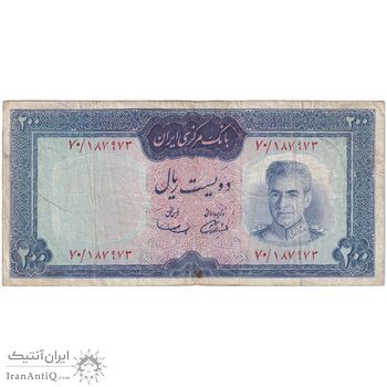 اسکناس 200 ریال (آموزگار - سمیعی) نوشته قرمز - تک - VF25 - محمد رضا شاه