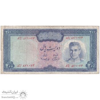 اسکناس 200 ریال (آموزگار - سمیعی) نوشته سیاه - تک - VF20 - محمد رضا شاه