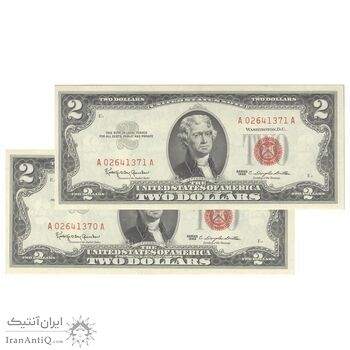 اسکناس 2 دلار 1963 جمهوری فدرال - مهر قرمز - جفت - UNC61 - آمریکا اسکناس 2 دلار 1963 جمهوری فدرال - مهر قرمز - جفت - UNC61 - آمریکا