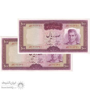 اسکناس 100 ریال (آموزگار - سمیعی) نوشته قرمز - جفت - AU55 - محمد رضا شاه