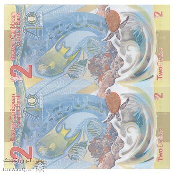 اسکناس 2 دلار 2023 چارلز سوم - جفت - UNC65 - حوزه کارائیب شرقی