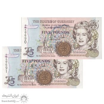 اسکناس 5 پوند بدون تاریخ (1996-2008) الیزابت دوم - با نخ امنیتی پنجره‌ای - D. M. Clark - جفت - UNC65 - جزیره گرنزی