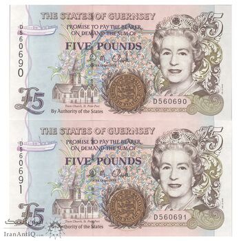 اسکناس 5 پوند بدون تاریخ (1996-2008) الیزابت دوم - با نخ امنیتی پنجره‌ای - D. M. Clark - جفت - UNC65 - جزیره گرنزی
