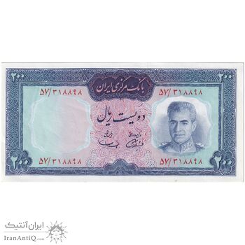 اسکناس 200 ریال (آموزگار - سمیعی) نوشته قرمز - تک - AU55 - محمد رضا شاه