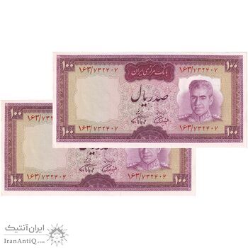 اسکناس 100 ریال (آموزگار - فرمان فرماییان) نوشته قرمز - جفت - UNC62 - محمد رضا شاه