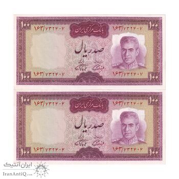 اسکناس 100 ریال (آموزگار - فرمان فرماییان) نوشته قرمز - جفت - UNC62 - محمد رضا شاه