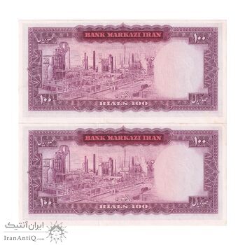 اسکناس 100 ریال (آموزگار - فرمان فرماییان) نوشته قرمز - جفت - UNC62 - محمد رضا شاه