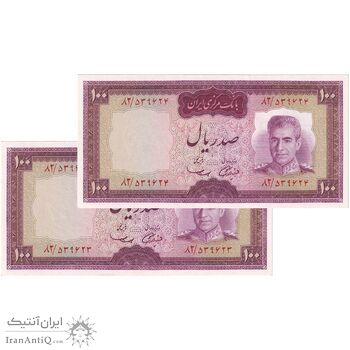 اسکناس 100 ریال (آموزگار - سمیعی) نوشته قرمز - جفت - UNC62 - محمد رضا شاه