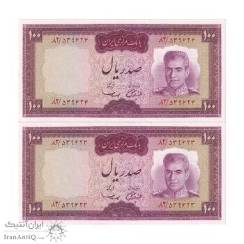 اسکناس 100 ریال (آموزگار - سمیعی) نوشته قرمز - جفت - UNC62 - محمد رضا شاه