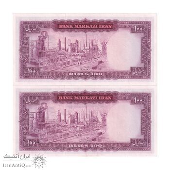 اسکناس 100 ریال (آموزگار - سمیعی) نوشته قرمز - جفت - UNC62 - محمد رضا شاه