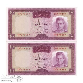 اسکناس 100 ریال (آموزگار - سمیعی) نوشته قرمز - جفت - UNC62 - محمد رضا شاه