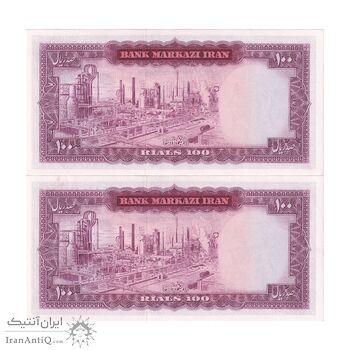 اسکناس 100 ریال (آموزگار - سمیعی) نوشته قرمز - جفت - UNC62 - محمد رضا شاه