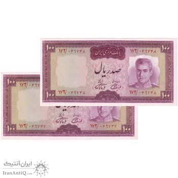 اسکناس 100 ریال (آموزگار - فرمان فرماییان) نوشته قرمز - جفت - UNC63 - محمد رضا شاه
