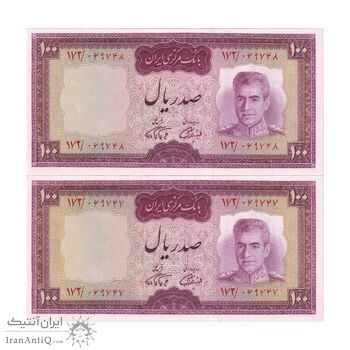 اسکناس 100 ریال (آموزگار - فرمان فرماییان) نوشته قرمز - جفت - UNC63 - محمد رضا شاه