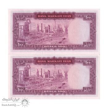 اسکناس 100 ریال (آموزگار - فرمان فرماییان) نوشته قرمز - جفت - UNC63 - محمد رضا شاه