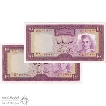 اسکناس 100 ریال (آموزگار - سمیعی) نوشته سیاه - جفت - AU58 - محمد رضا شاه