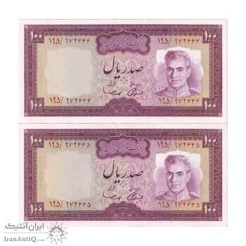 اسکناس 100 ریال (آموزگار - سمیعی) نوشته سیاه - جفت - AU58 - محمد رضا شاه