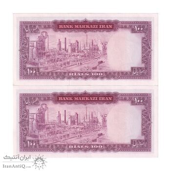 اسکناس 100 ریال (آموزگار - سمیعی) نوشته سیاه - جفت - AU58 - محمد رضا شاه