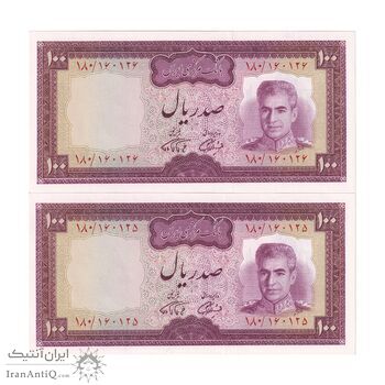 اسکناس 100 ریال (آموزگار - فرمان فرماییان) نوشته سیاه - جفت - UNC64 - محمد رضا شاه