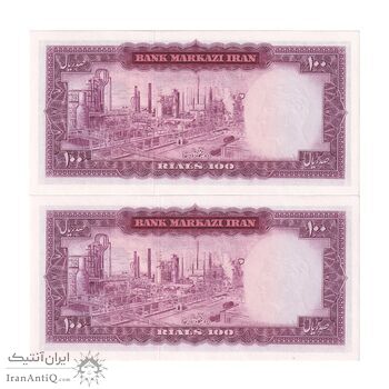 اسکناس 100 ریال (آموزگار - فرمان فرماییان) نوشته سیاه - جفت - UNC64 - محمد رضا شاه