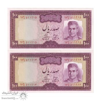 اسکناس 100 ریال (آموزگار - فرمان فرماییان) نوشته سیاه - جفت - UNC64 - محمد رضا شاه