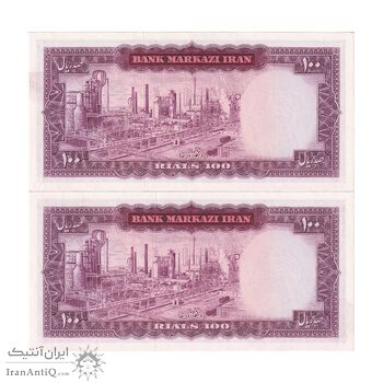 اسکناس 100 ریال (آموزگار - فرمان فرماییان) نوشته سیاه - جفت - UNC64 - محمد رضا شاه