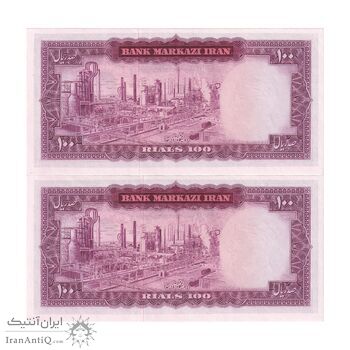 اسکناس 100 ریال (آموزگار - فرمان فرماییان) نوشته قرمز - جفت - UNC64 - محمد رضا شاه