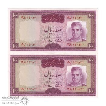 اسکناس 100 ریال (آموزگار - سمیعی) نوشته قرمز - جفت - UNC62 - محمد رضا شاه
