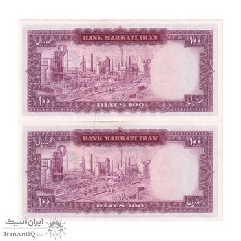 اسکناس 100 ریال (آموزگار - سمیعی) نوشته قرمز - جفت - UNC62 - محمد رضا شاه
