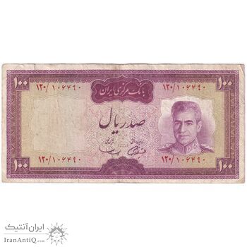 اسکناس 100 ریال (آموزگار - سمیعی) نوشته قرمز - تک - VF25 - محمد رضا شاه