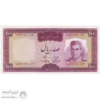 اسکناس 100 ریال (آموزگار - سمیعی) نوشته قرمز - تک - AU53 - محمد رضا شاه