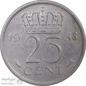 سکه 25 سنت 1948 ویلهلمینا - AU50 - هلند