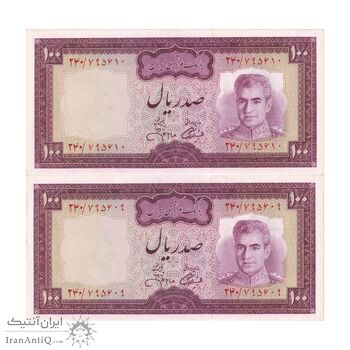 اسکناس 100 ریال (آموزگار - جهانشاهی) - جفت - UNC63 - محمد رضا شاه