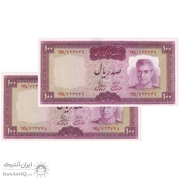 اسکناس 100 ریال (آموزگار - فرمان فرماییان) نوشته قرمز - جفت - UNC63 - محمد رضا شاه