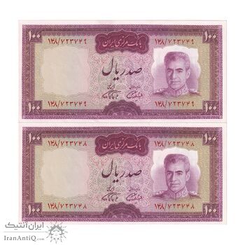 اسکناس 100 ریال (آموزگار - فرمان فرماییان) نوشته قرمز - جفت - UNC63 - محمد رضا شاه