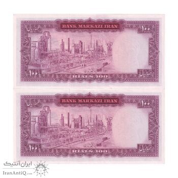 اسکناس 100 ریال (آموزگار - فرمان فرماییان) نوشته قرمز - جفت - UNC63 - محمد رضا شاه
