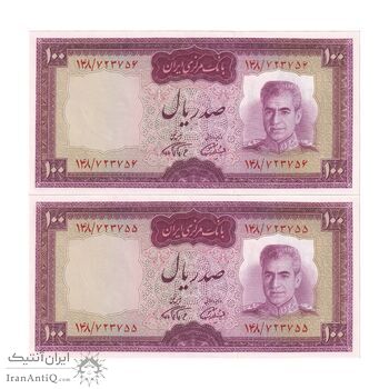 اسکناس 100 ریال (آموزگار - فرمان فرماییان) نوشته قرمز - جفت - UNC64 - محمد رضا شاه
