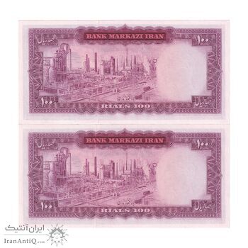 اسکناس 100 ریال (آموزگار - فرمان فرماییان) نوشته قرمز - جفت - UNC64 - محمد رضا شاه