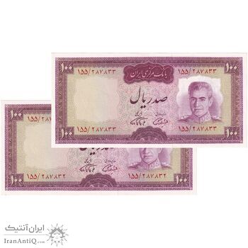 اسکناس 100 ریال (آموزگار - فرمان فرماییان) نوشته قرمز - جفت - AU58 - محمد رضا شاه