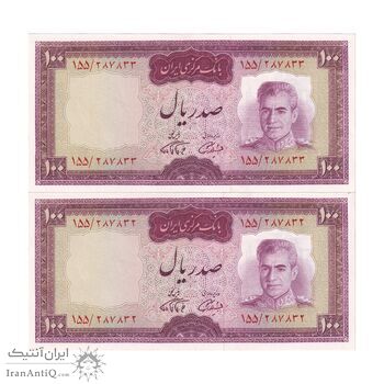 اسکناس 100 ریال (آموزگار - فرمان فرماییان) نوشته قرمز - جفت - AU58 - محمد رضا شاه