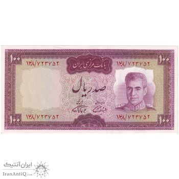اسکناس 100 ریال (آموزگار - فرمان فرماییان) نوشته قرمز - تک - UNC63 - محمد رضا شاه