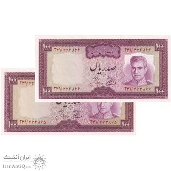 اسکناس 100 ریال (آموزگار - جهانشاهی) - جفت - UNC64 - محمد رضا شاه